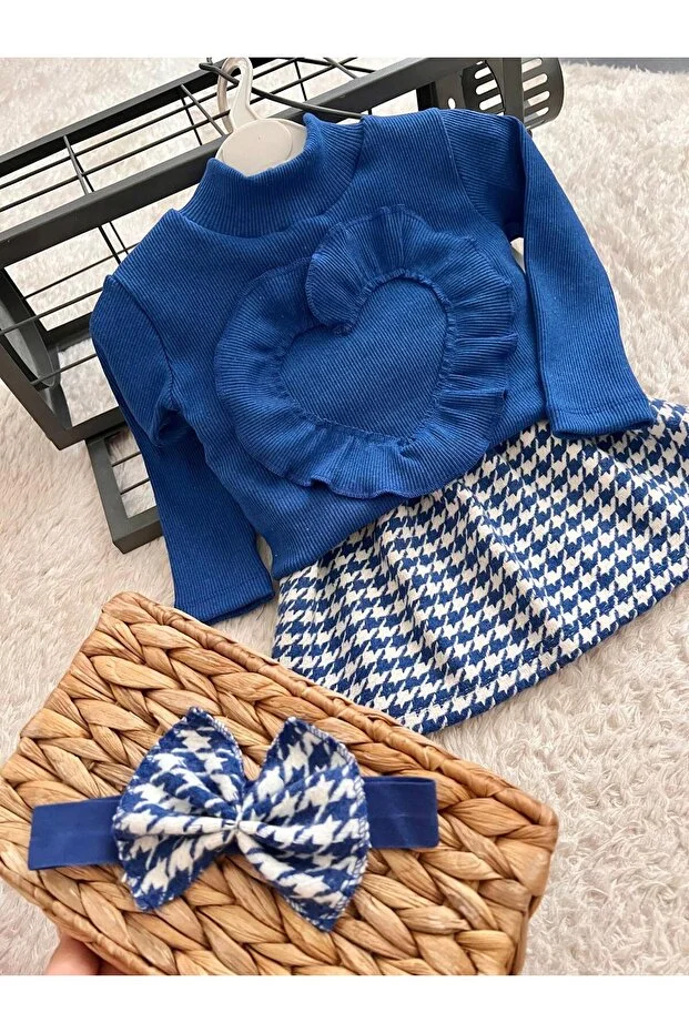 BEBEK SAKS MAViSi KAZAYAĞI ETEK BLUZ VE BANDANA SETİ TAKIMI